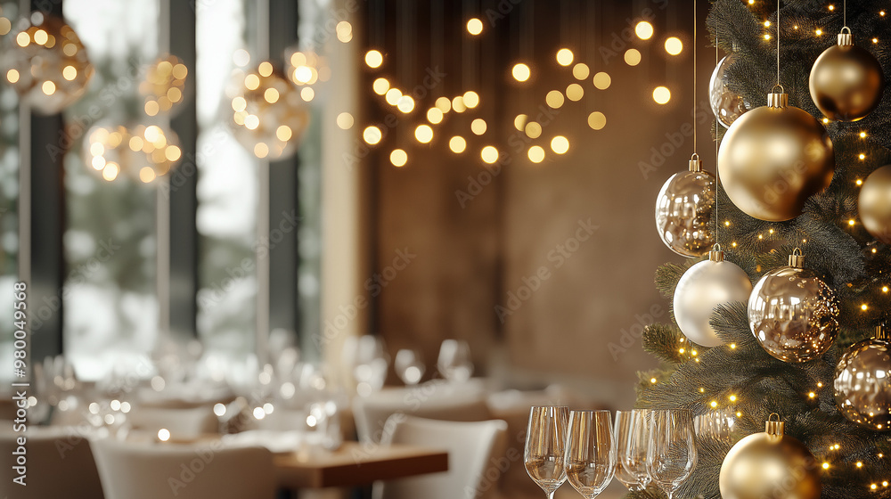 Christmas, restaurant, decorated, gold, silver, ball, holiday, festive