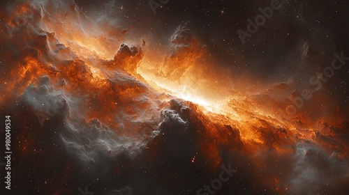  Space scene with orange-red star on black background photo