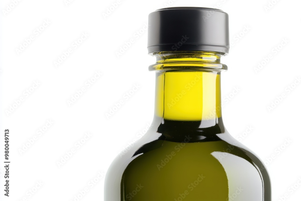 Close up of an olive oil bottle on a white background with a clipping path included