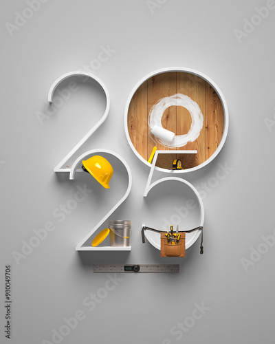 Creative 2025 New Year design template on engineering, construction and maintenance theme. 3d render illustration for a greeting card, calendar or banner.