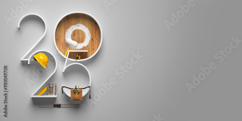 Creative 2025 New Year design template on engineering, construction and maintenance theme. 3d render illustration for a greeting card, calendar or banner.