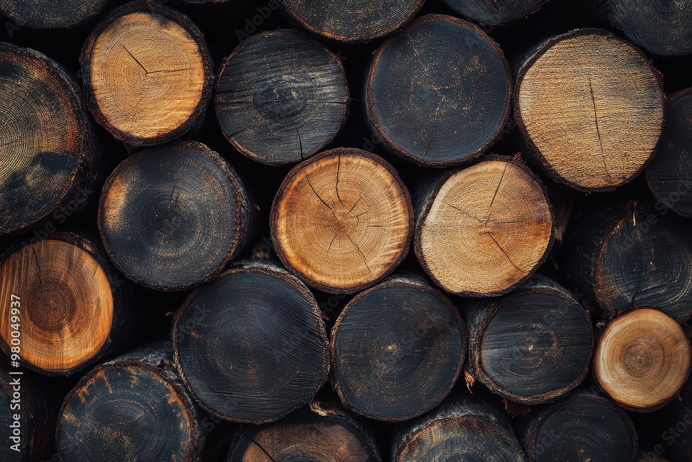 Close up of artistic backdrop with various stacked wooden logs