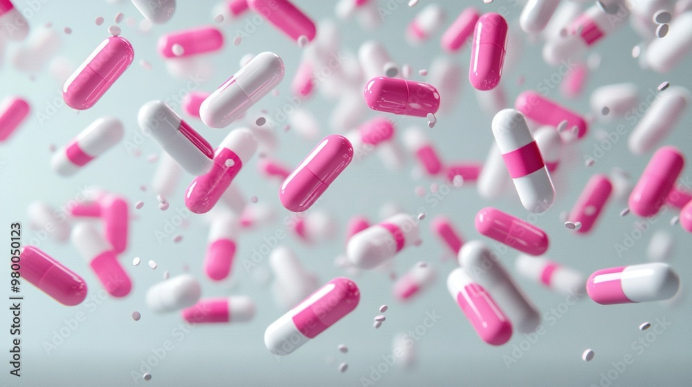 Pink & white pills float in blue background w/ bubbles Pink & white pills float in blue background w/ bubbles