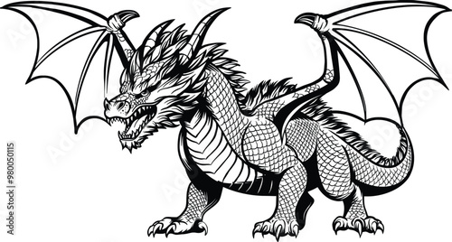 Hand-drawn vector depicts a powerful dragon in line art style. The dragon's imposing figure and sharp details make it a perfect illustration for fantasy-themed projects