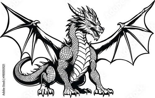 Hand-drawn vector illustration of a dragon in a menacing pose, created in line art style. The intricate details of the dragon's fierce expression and scales add a sense of danger and power