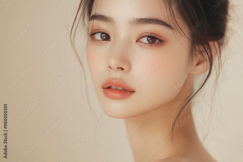 Naklejka premium Close up portrait of a young beautiful Asian woman with K beauty makeup and flawless skin set against a beige backdrop for skincare advertising