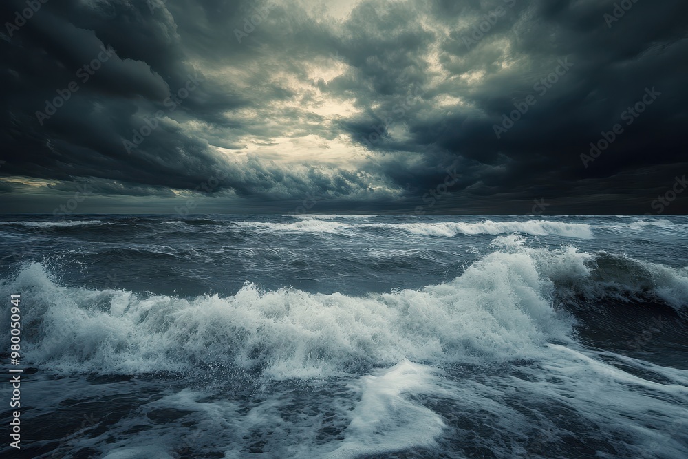 Obraz premium Cloudy skies above turbulent waters View of the Ukrainian Black Sea