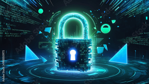 A digital padlock surrounded by binary codes and abstract elements, symbolizing cybersecurity, encryption, data protection, and secure digital communication. photo