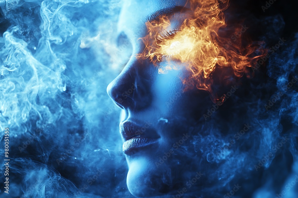Abstract portrait of a woman with fire in her eye and blue smoke, symbolizing power and strength Abstract portrait of a woman with fire in her eye and blue smoke, symbolizing power and strength