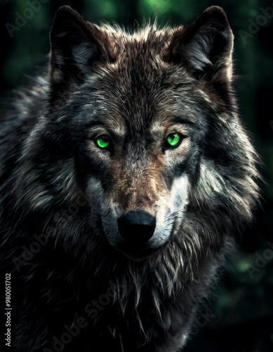 A captivating close-up of a wolf with intense, glowing green eyes. The wolf's detailed fur texture and the mysterious forest backdrop create a powerful, wild atmosphere.