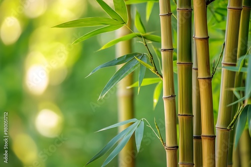 Closeup of green bamboo stalks in a lush forest. Nature, sustainability, and tropical vibes