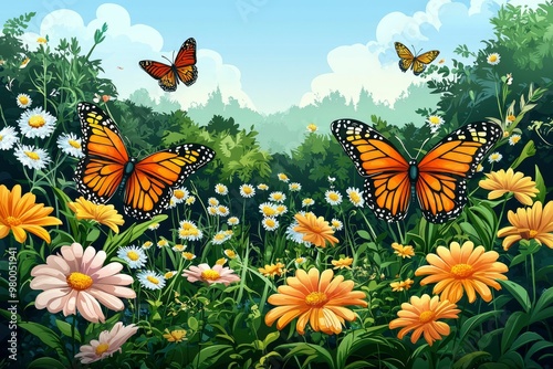 Monarch Butterflies and Daisies in a Lush Meadow photo