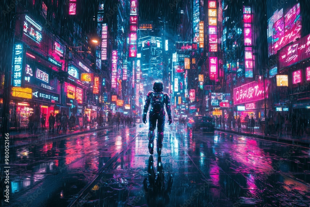 Obraz premium A lone astronaut walking through a futuristic cyberpunk city street at night.