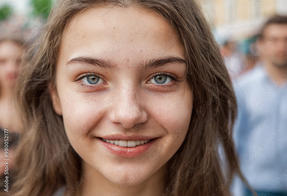 Close-up face, smiling, happy, eyes and mouth with white teeth, outside in summer, city streets, teenage girl or young woman, sunshine, shopping, lots of people, good mood Close-up face, smiling, happy, eyes and mouth with white teeth, outside in summer, city streets, teenage girl or young woman, sunshine, shopping, lots of people, good mood