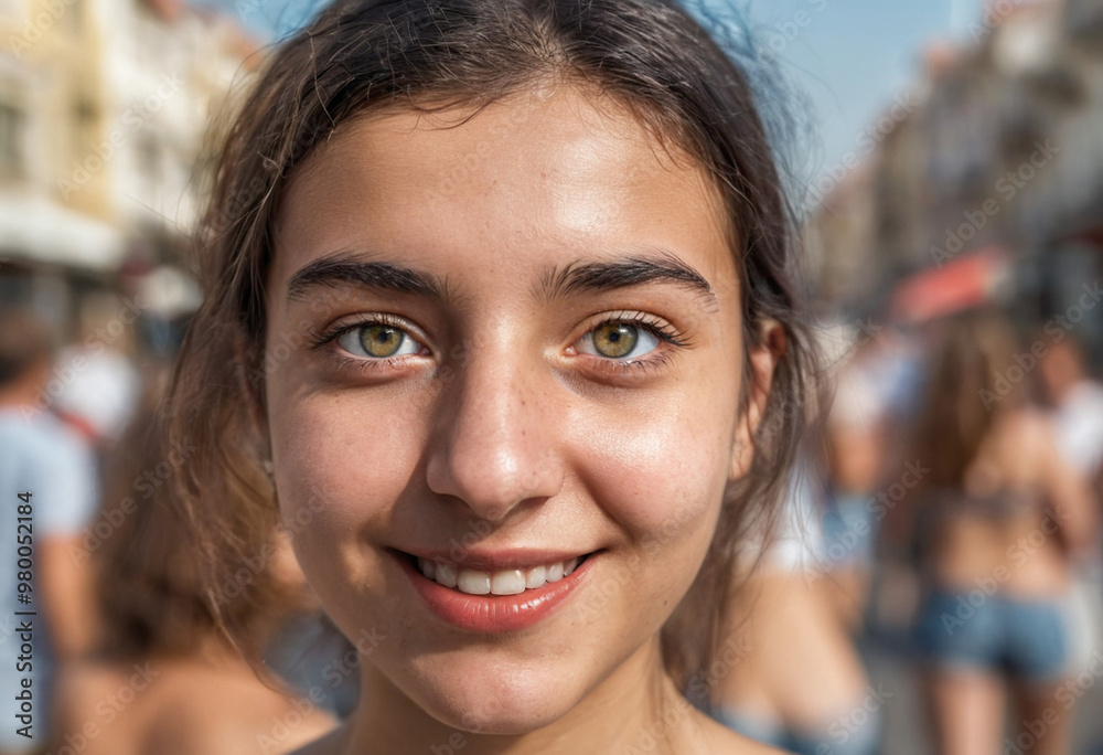 Close-up face, smiling, happy, eyes and mouth with white teeth, outside in summer, city streets, teenage girl or young woman, sunshine, shopping, lots of people, good mood Close-up face, smiling, happy, eyes and mouth with white teeth, outside in summer, city streets, teenage girl or young woman, sunshine, shopping, lots of people, good mood