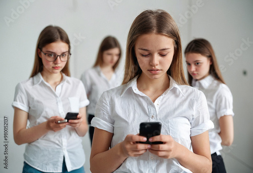 Annoyed stressed teenage girl or young woman, holding a smartphone, looks at display, social media stress, bad news, bullying, bad grades, depressive mood, eyes closed