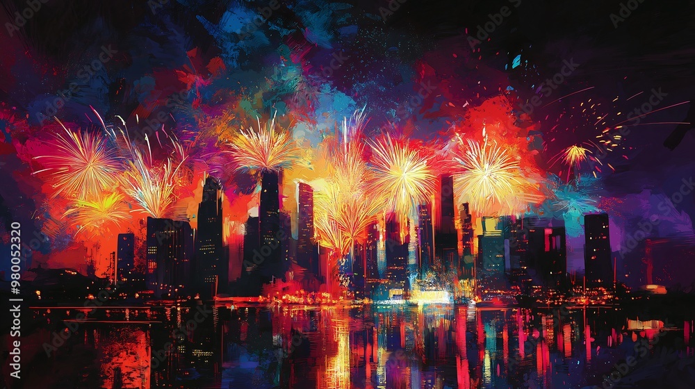 Fototapeta premium Vibrant Fireworks over City Skyline