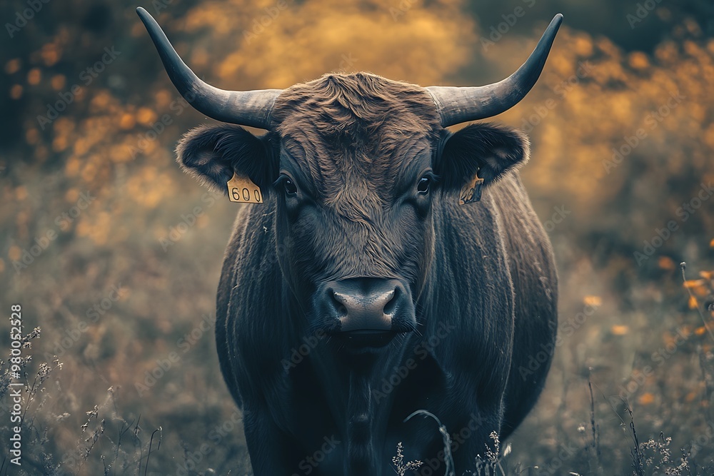 Naklejka premium Close up portrait of a brown bull with horns looking directly at the camera in a field