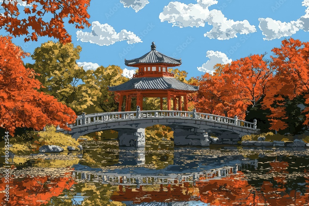 Obraz premium Traditional Stone Bridge Leading to a Red Pagoda Amidst Autumn Foliage