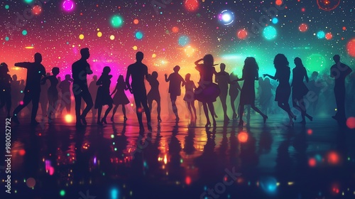 Silhouetted Crowd Dancing Under Neon Lights