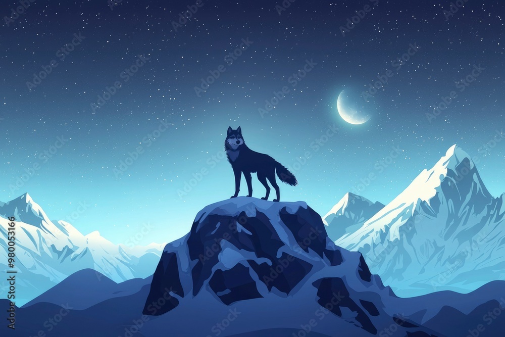 Obraz premium Lone Wolf Standing on Mountaintop Under a Crescent Moon