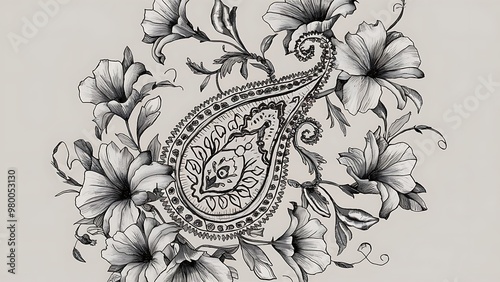 Decorative element, black and white drawing of flowers and paisley by hand.