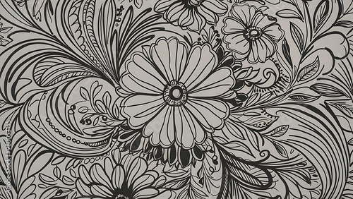 Decorative element, black and white drawing of flowers and paisley by hand.