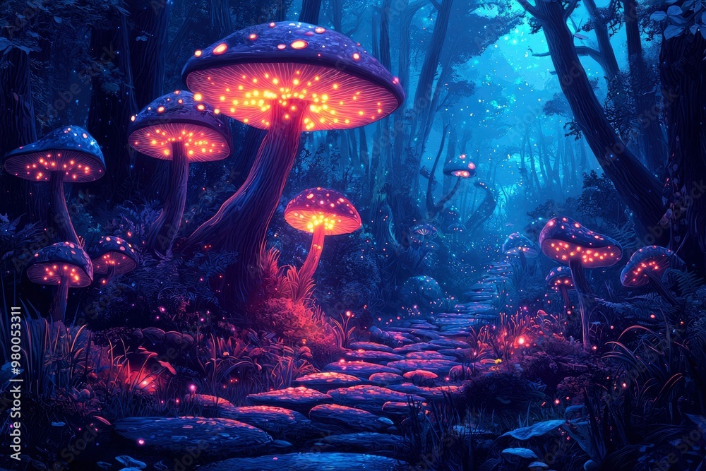Fototapeta premium Luminous Mushrooms Illuminating a Stone Path Through a Dark Forest