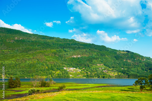 Beautiful Norwegian landscape with green mountains and water reflection against a blue sky seeing from train trip to Myrdal