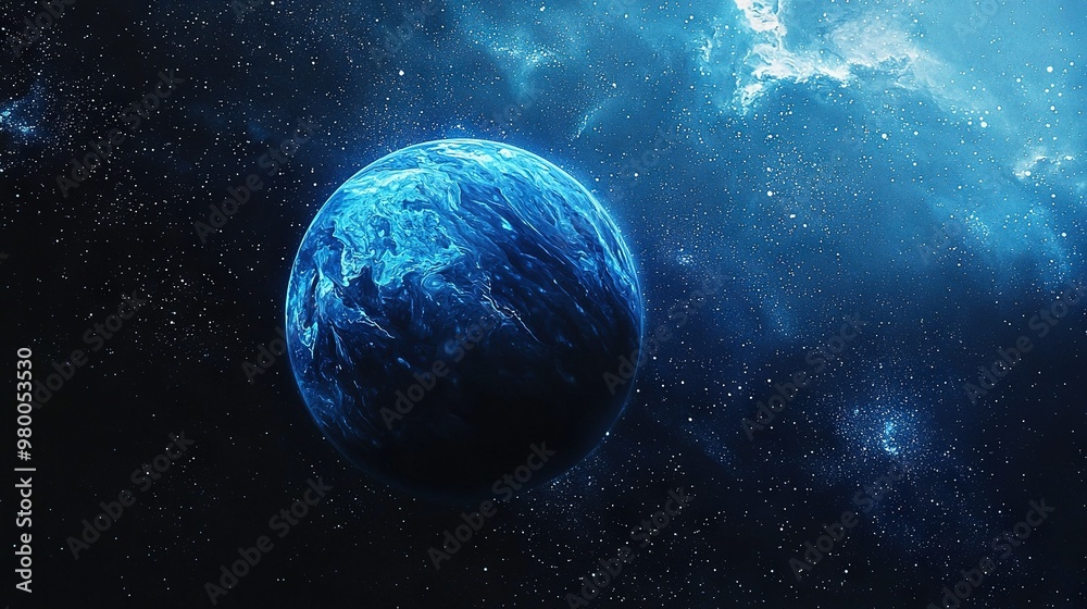 An artistically rendered blue planet, illuminated by stars against the backdrop of the night sky An artistically rendered blue planet, illuminated by stars against the backdrop of the night sky
