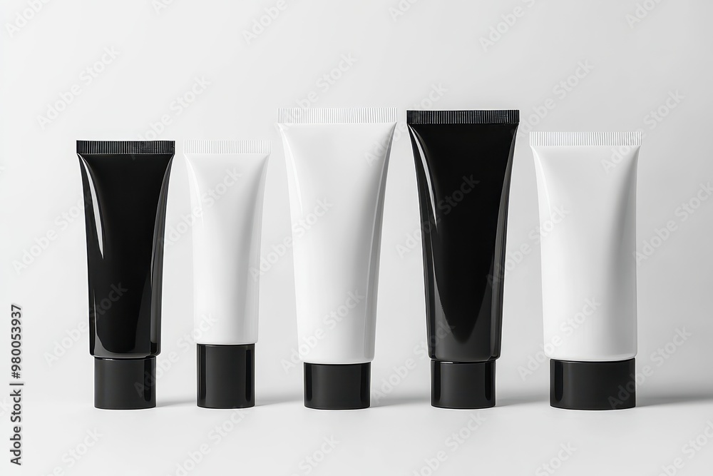 Cosmetic tube set with blank branding mockup for face wash and cream in black and white isolated on white background Cosmetic tube set with blank branding mockup for face wash and cream in black and white isolated on white background