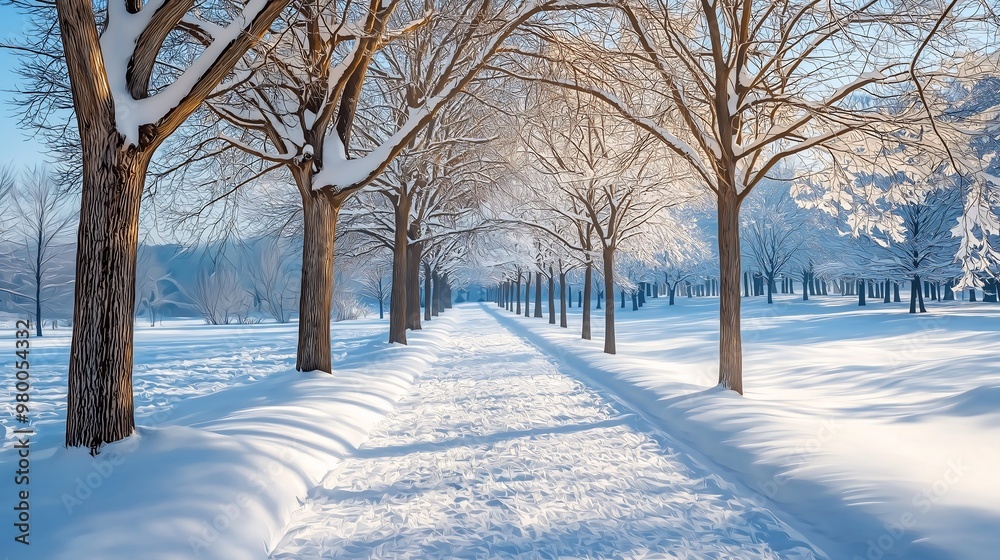 Snowy Tree Lined Path Winter Day Snowy Tree Lined Path Winter Day