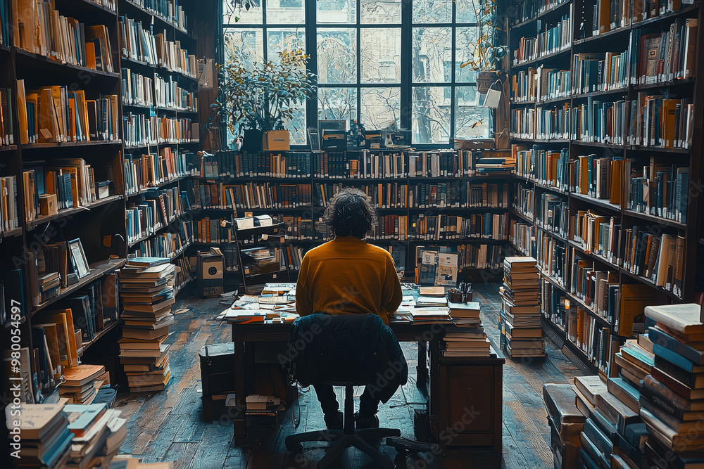 A quiet library with a person sitting alone at a desk, surrounded by shelves of books, symbolizing the introspective journey through knowledge and self-discovery. A quiet library with a person sitting alone at a desk, surrounded by shelves of books, symbolizing the introspective journey through knowledge and self-discovery.