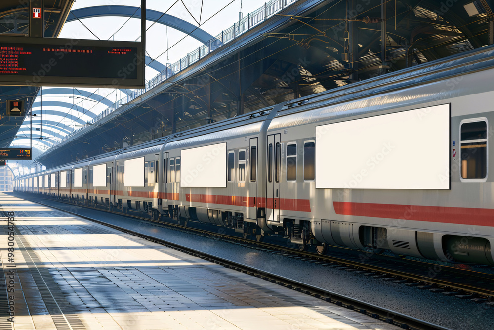 A modern train with blank advertisement spaces on the side stands at a station platform. Mockup train Generative Ai A modern train with blank advertisement spaces on the side stands at a station platform. Mockup train Generative Ai