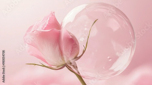  A lone pink rose floats in a bubble against a backdrop of pink