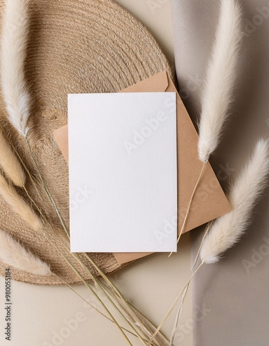 Minimalist paper mockup decorated with beautiful brown leaves, giving a natural and elegant impression. generative ai photo