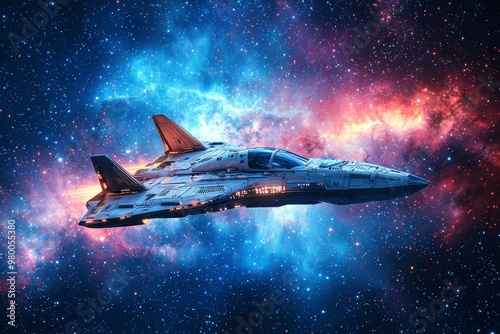 Futuristic Spaceship Soaring Through a Starry Nebula