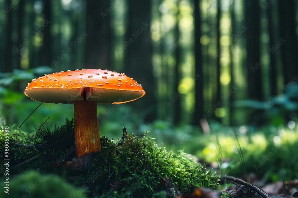 Fototapeta premium Single red mushroom with water droplets in forest with green moss. Nature and wild life photography.