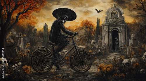 Illustration of the black charro riding a bicycle through a disturbing cemetery with tombstones, crosses and skulls, on a dark and autumnal background with bare trees on the day of the dead