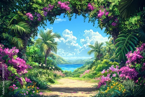 Tropical Pathway Leading to a Coastal View Through a Floral Archway