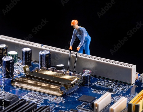 Conceptual showing mini figures of workers investigating a fault on a computer mainboard.generative ai photo