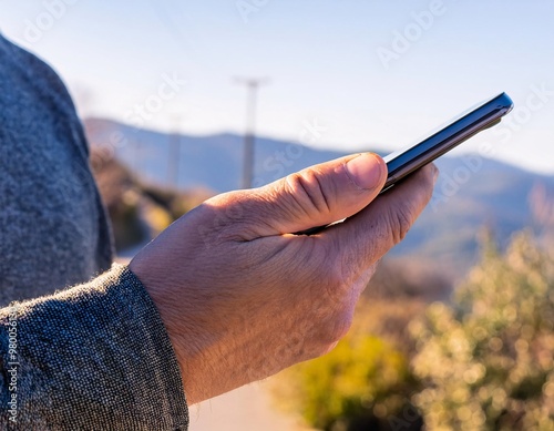 close-up of a man's hand holding a smartphone, generative ai photo