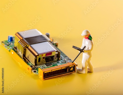 Conceptual showing mini figures of workers investigating a fault on a computer mainboard.generative ai photo