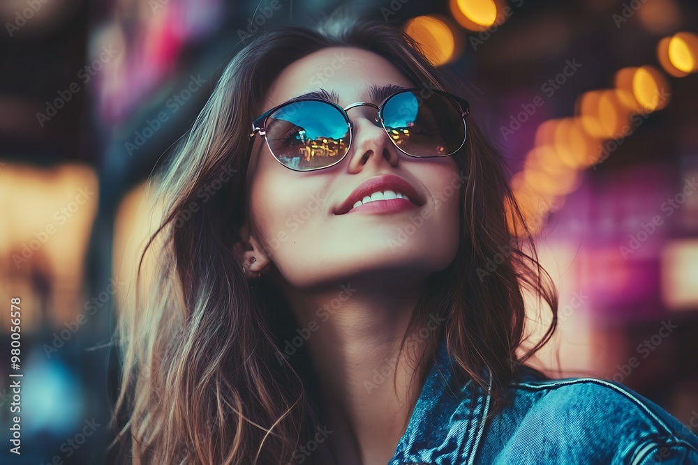 Stylish woman wearing trendy sunglasses with blurred city lights in background. Stylish woman wearing trendy sunglasses with blurred city lights in background.
