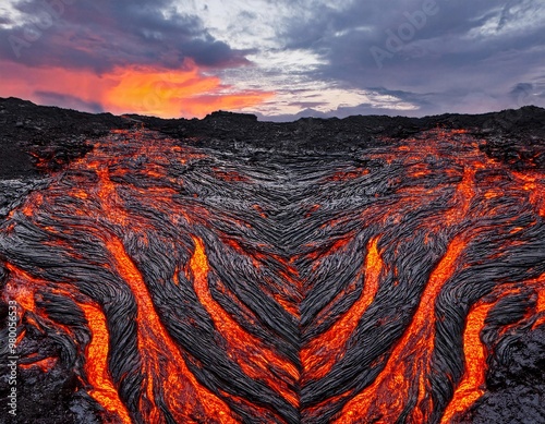 a flowing river of hot lava, displaying a fiery red color and areas starting to blacken around it. generative ai photo