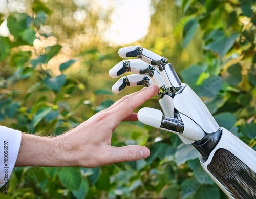 human hand and robotic hand touching or interacting on a green natural background. generative ai photo