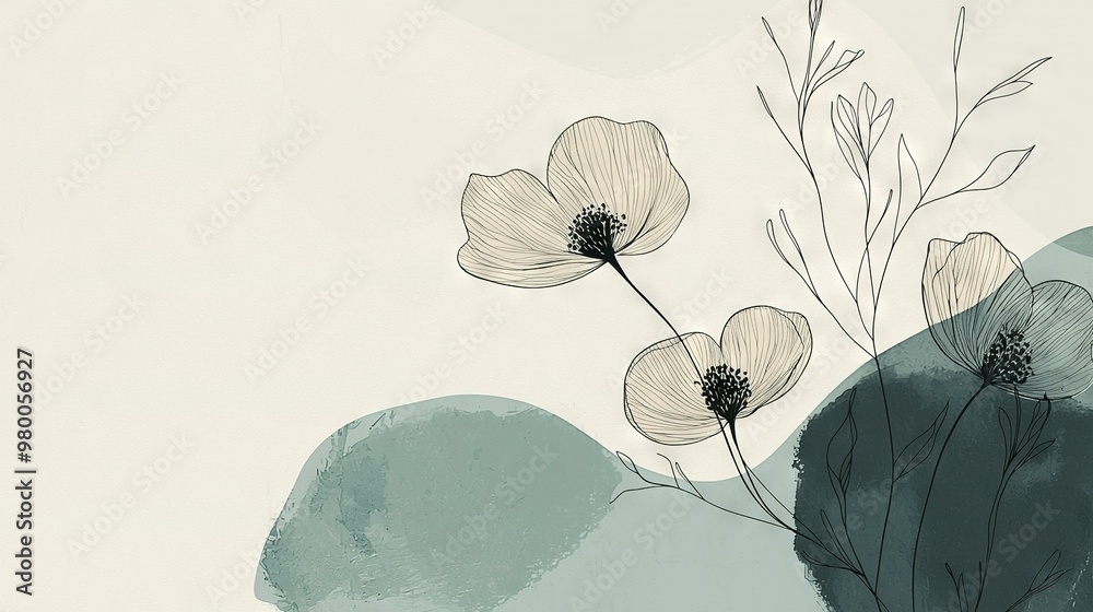 Naklejka premium Three flowers on white-blue background with black-white design at bottom