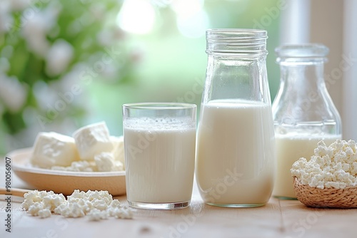 Dairy items delicious and nutritious on a table including a jar bottle and glass of milk