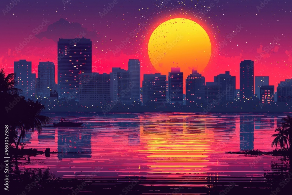 Obraz premium City Skyline at Sunset with a Large Yellow Sun and Palm Trees