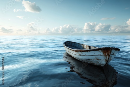 Lonely boat floating in the ocean under a blue sky and white clouds